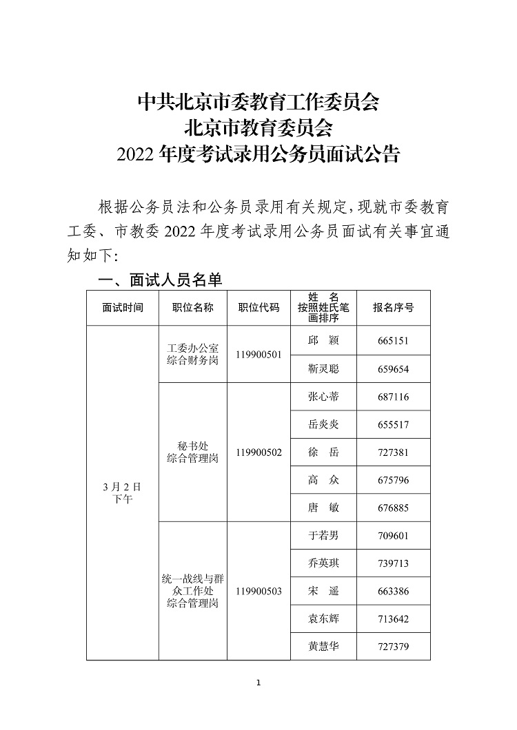 中共北京市委教育工作委员会北京市教育委员会2022年度考试录用公务员面试公告