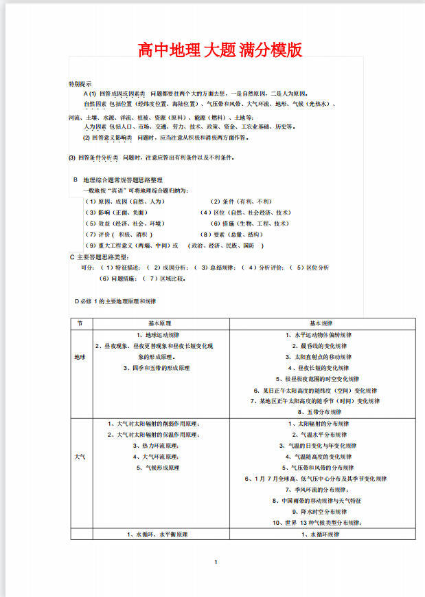 高中地理 大题 满分模版