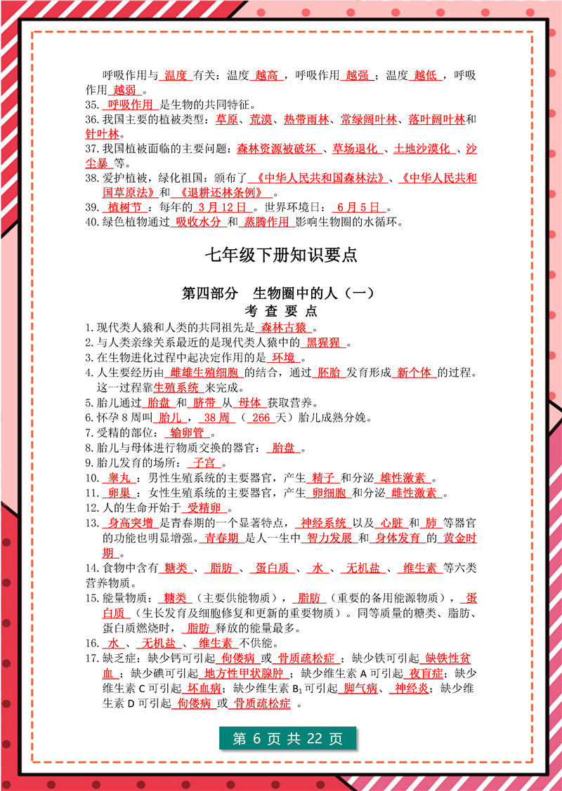 生物总复习(会考) 高频考点(2022年)