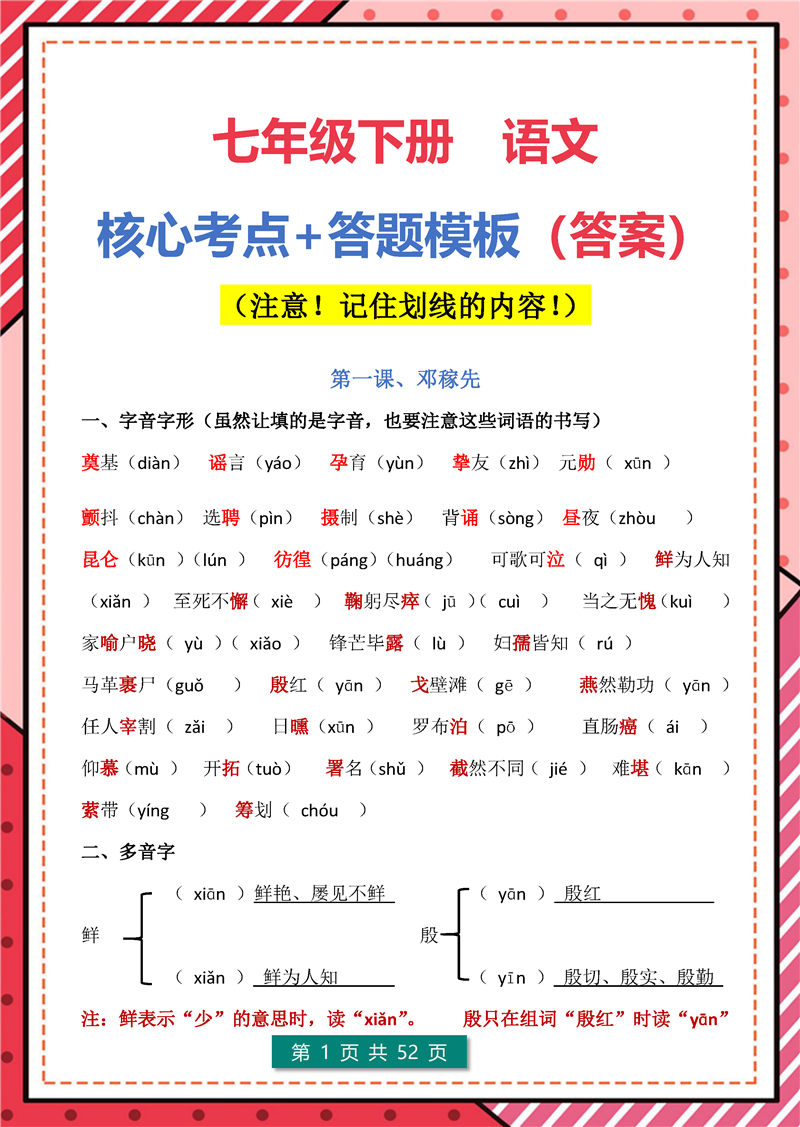 七年级下册 语文核心考点+文学常识+答题模板