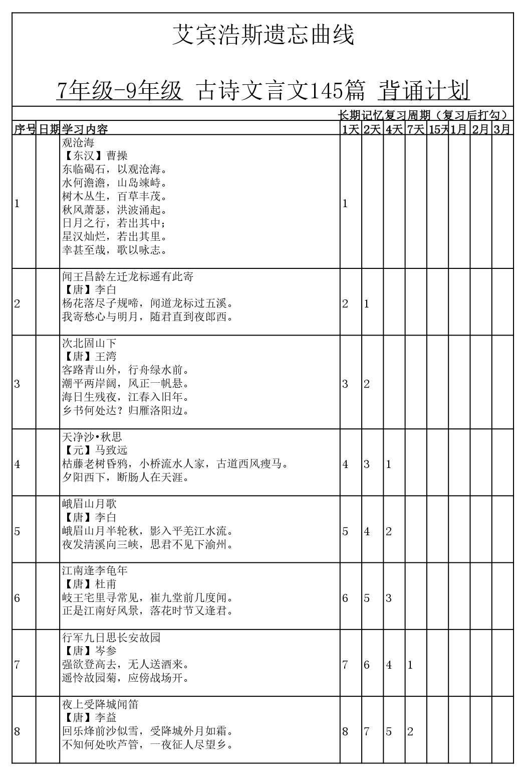 用遗忘曲线背诵7年级-9年级古诗+文言文145篇计划表