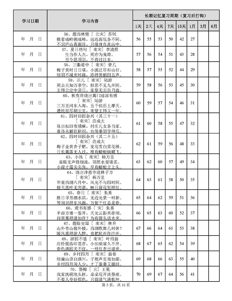 用遗忘曲线背诵小学古诗75+80首计划表