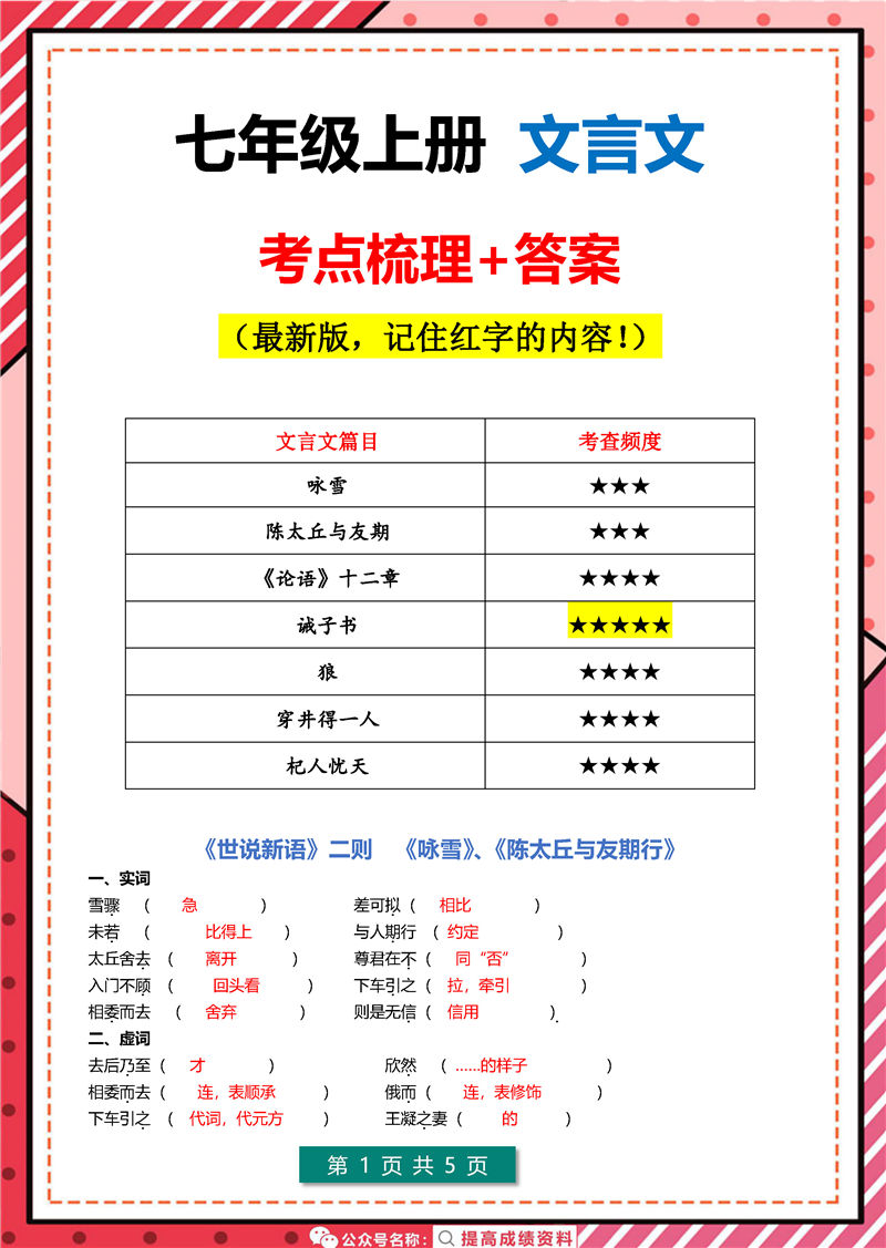 七年级上册----文言文考点梳理_页面_1 七年级(初一)文言文 高频考点梳理