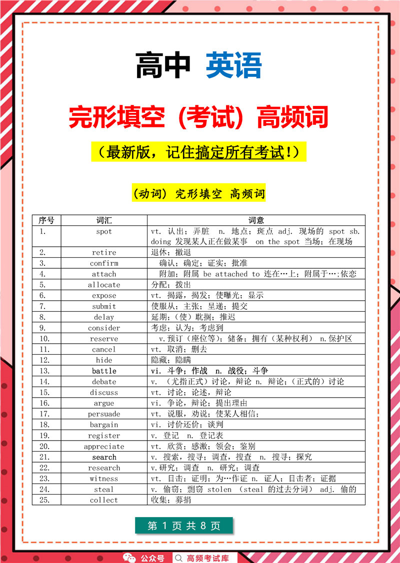 高中英语 完形填空 高频词