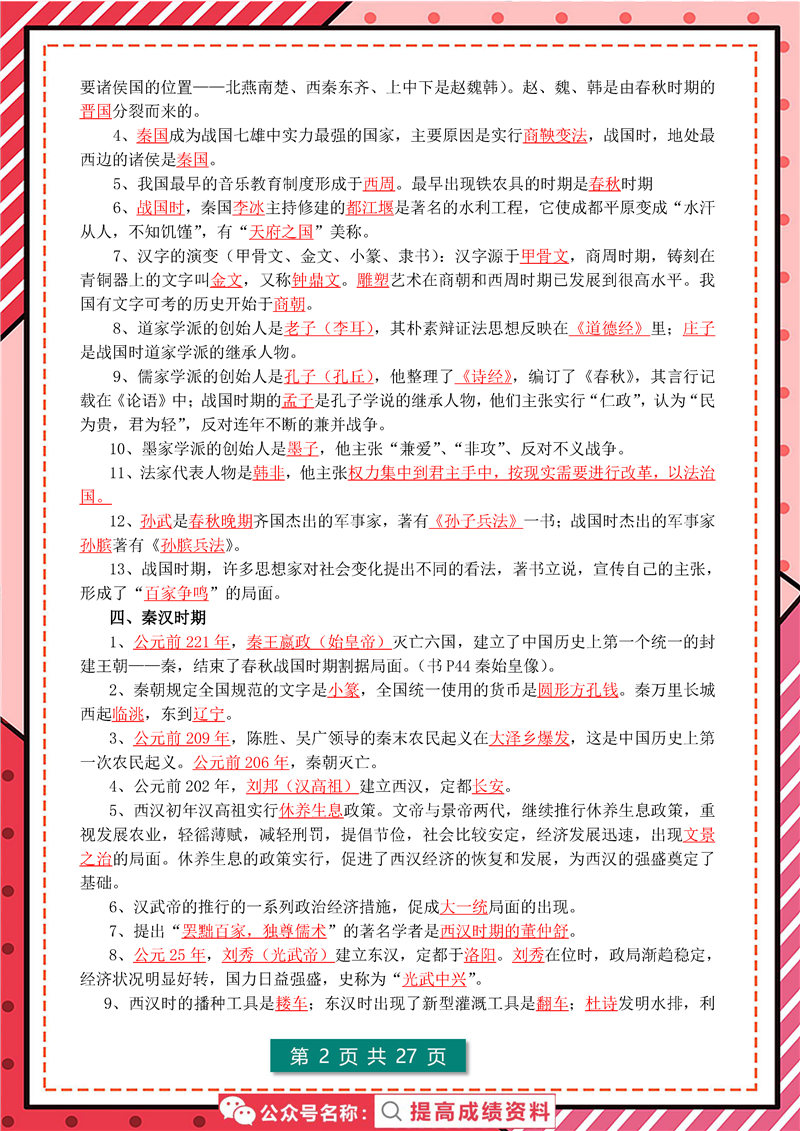 初中历史(1-6册) 高频考点+答题模板（7年级-9年级）